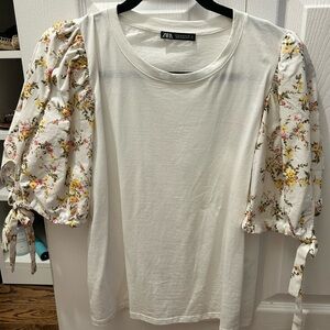Zara White Floral Puff Sleeve Blouse